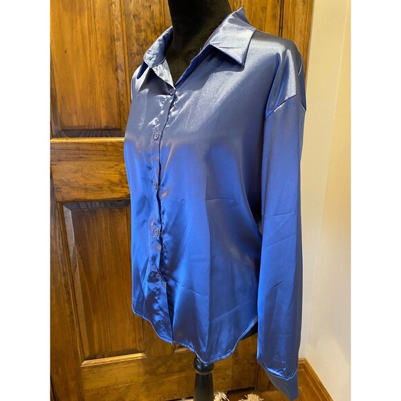 Womans Steele Blue Plus Size XL Silk Feel Shimmery Button Down Blouse - Picture 4 of 9